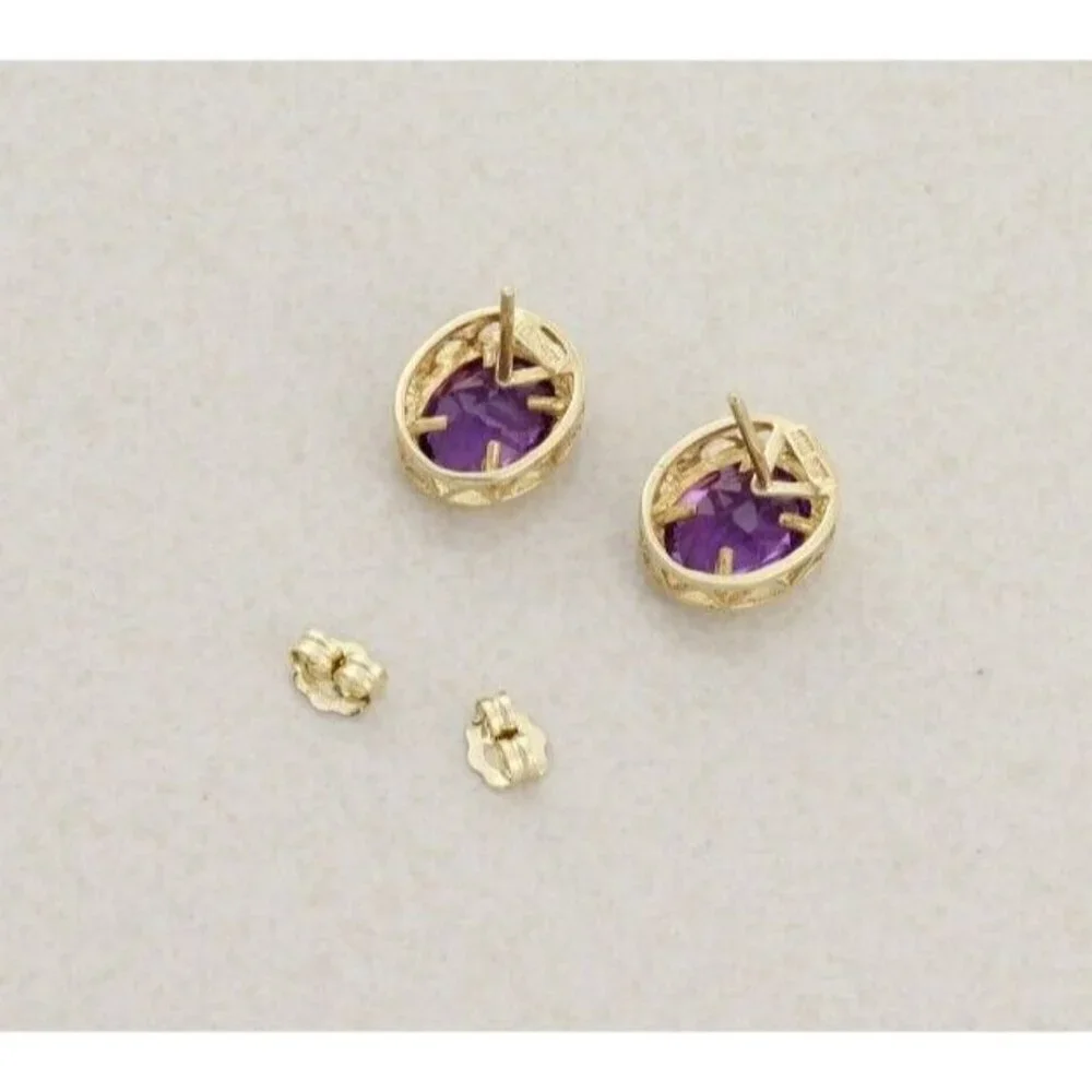 10k Yellow Gold Natural Amethyst Earrings Stud Post - Picture 6 of 8